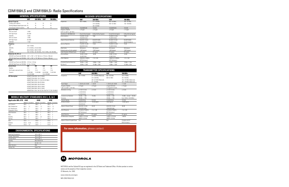 Cdm1550, Ls and cdm1550, Radio specifications | For more information, please contact, Environmental specifications, Mobile military standards 810 c, d, & e, Receiver specifications, Transmitter specifications, General specifications | Motorola CDM1550 LS User Manual | Page 5 / 5