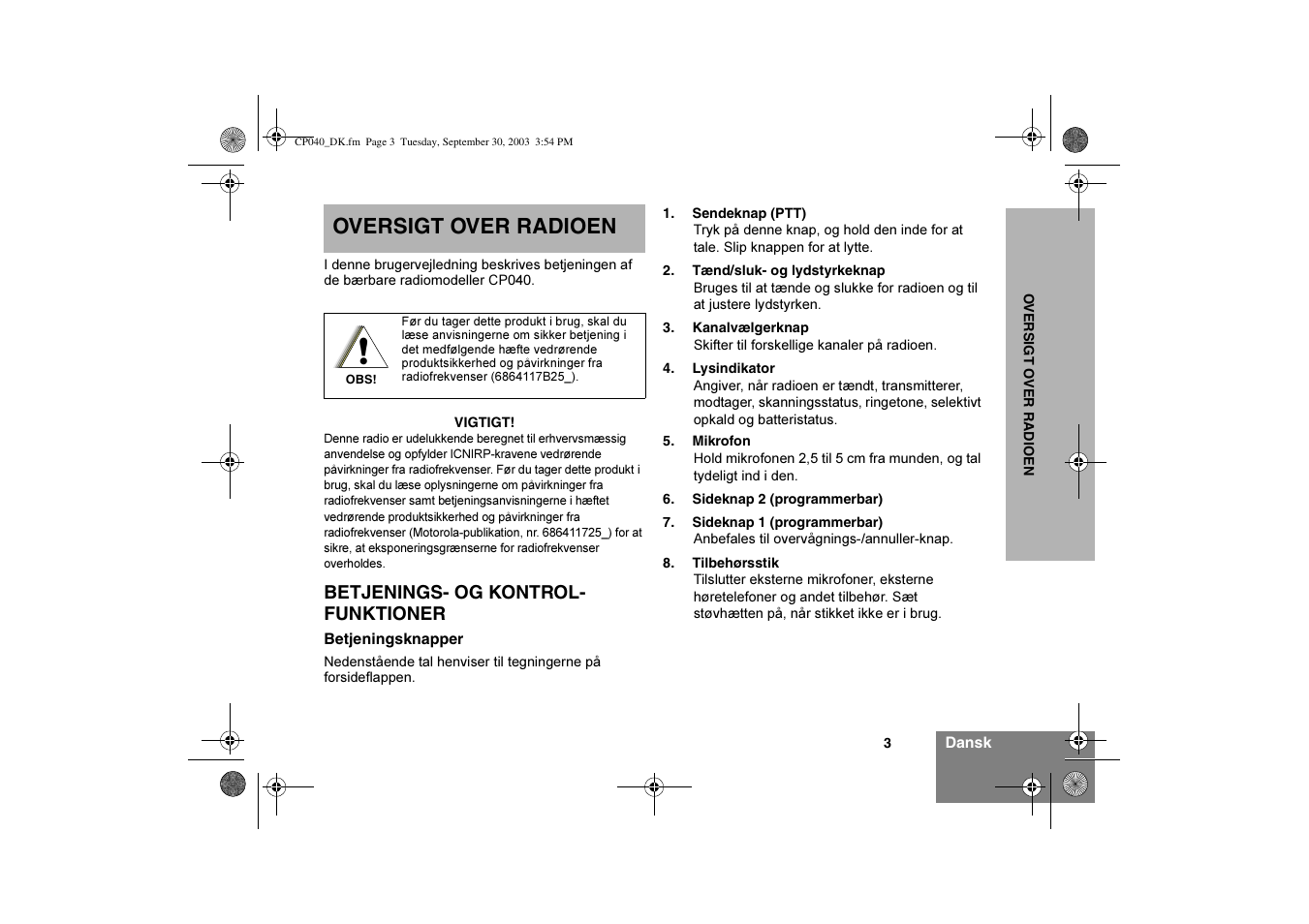 Oversigt over radioen | Motorola CP040 User Manual | Page 101 / 292
