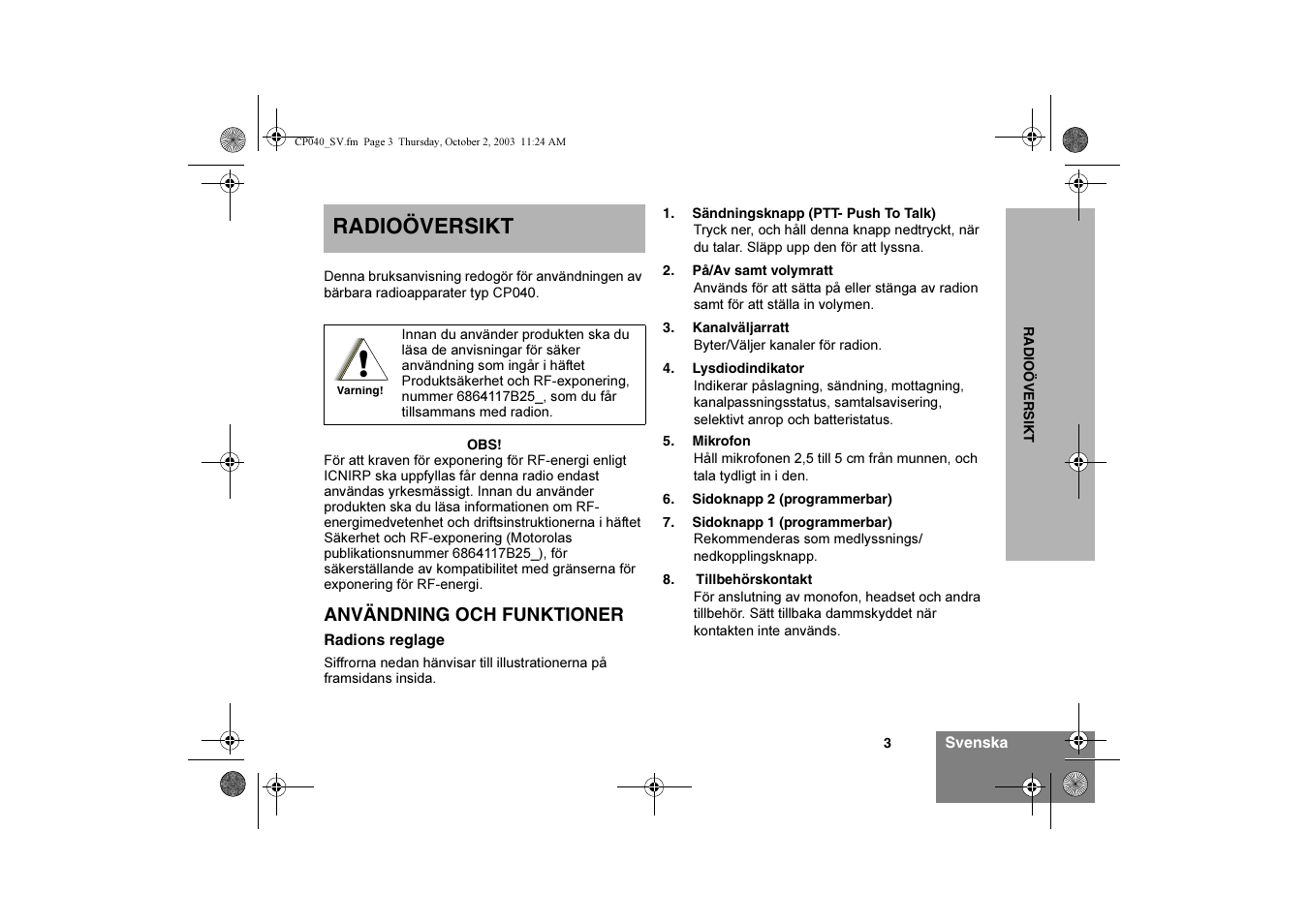 Radioöversikt | Motorola CP040 User Manual | Page 117 / 292