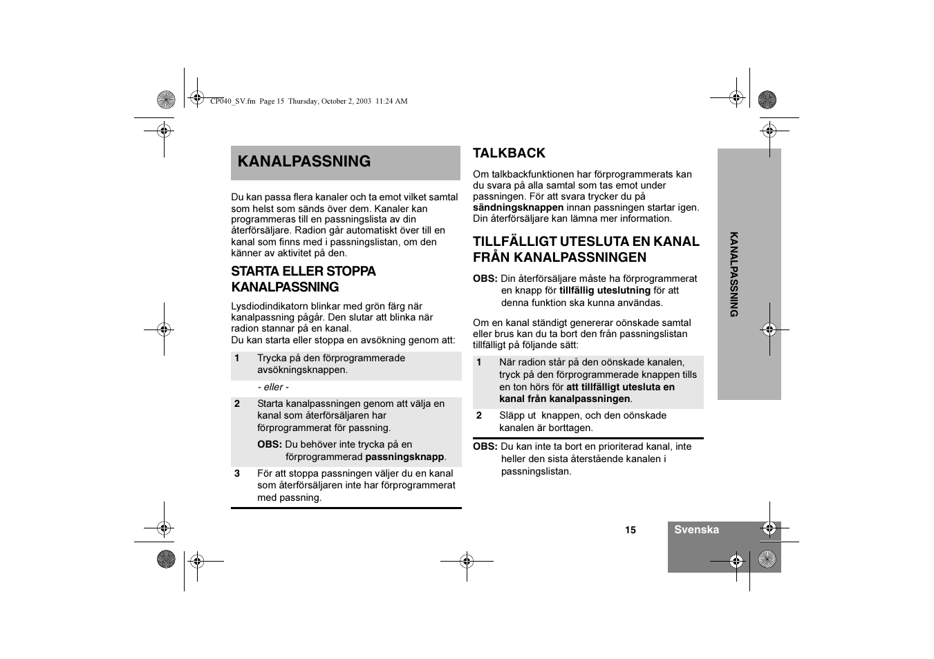 Kanalpassning | Motorola CP040 User Manual | Page 129 / 292