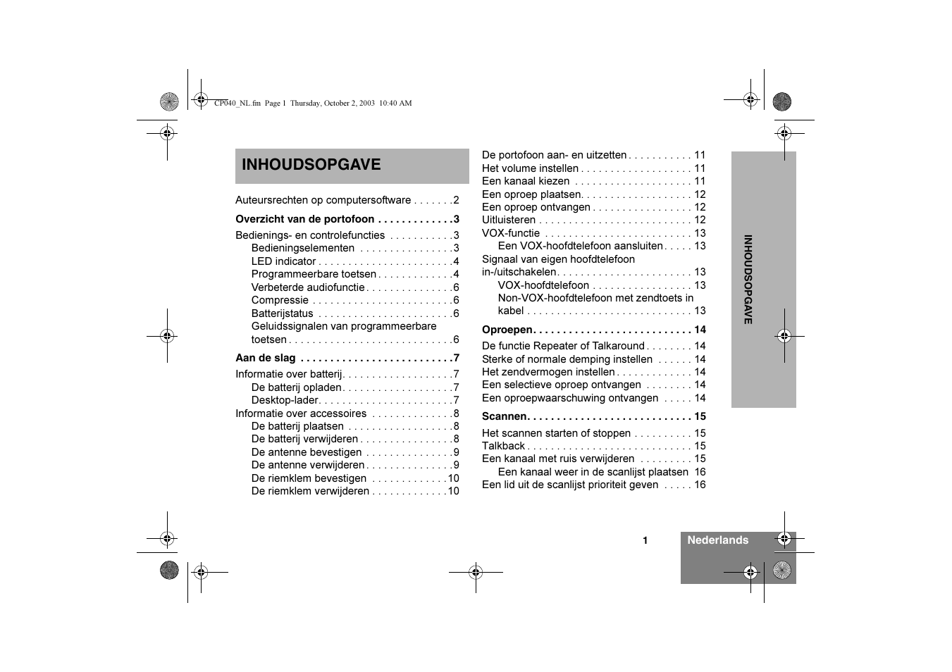 Inhoudsopgave | Motorola CP040 User Manual | Page 131 / 292