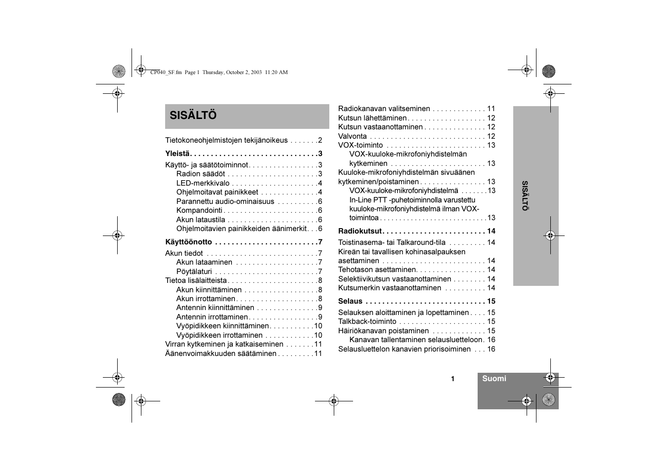 Sisältö | Motorola CP040 User Manual | Page 147 / 292