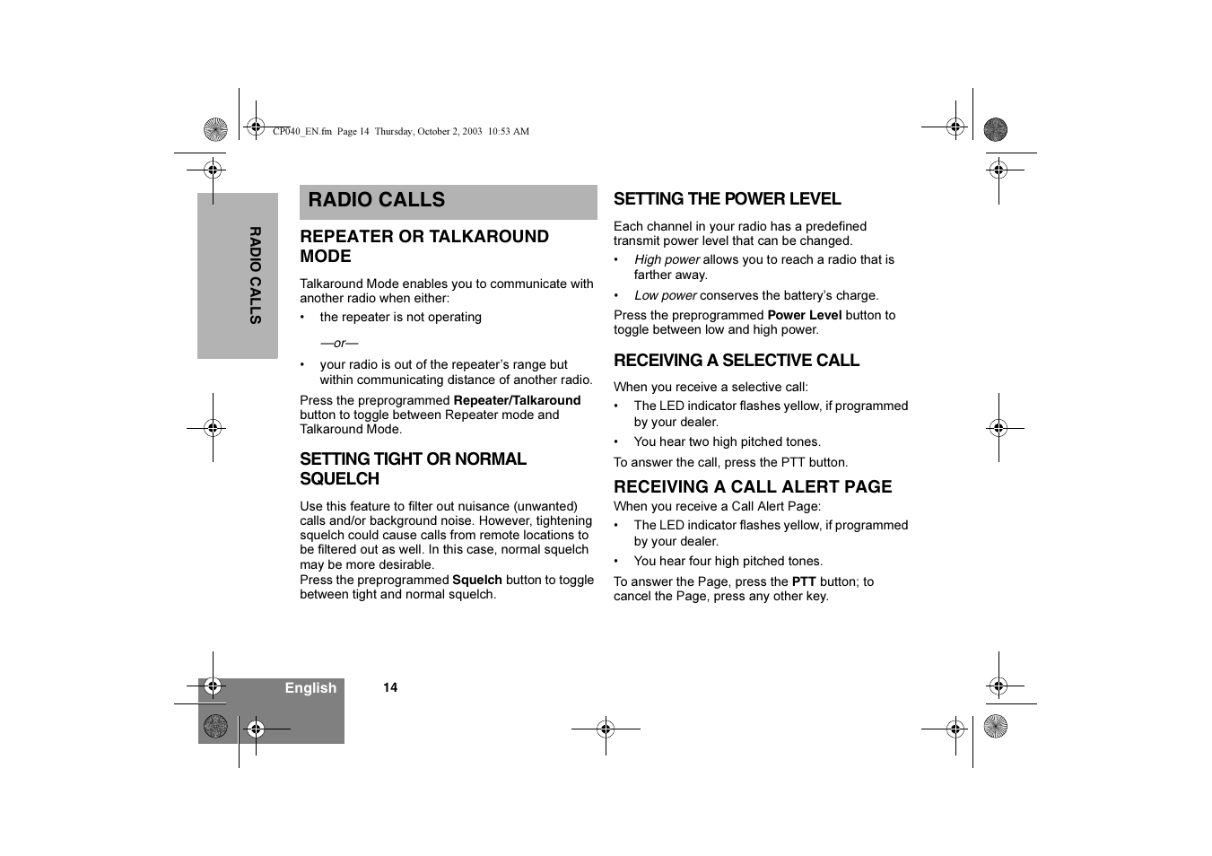 Radio calls | Motorola CP040 User Manual | Page 16 / 292