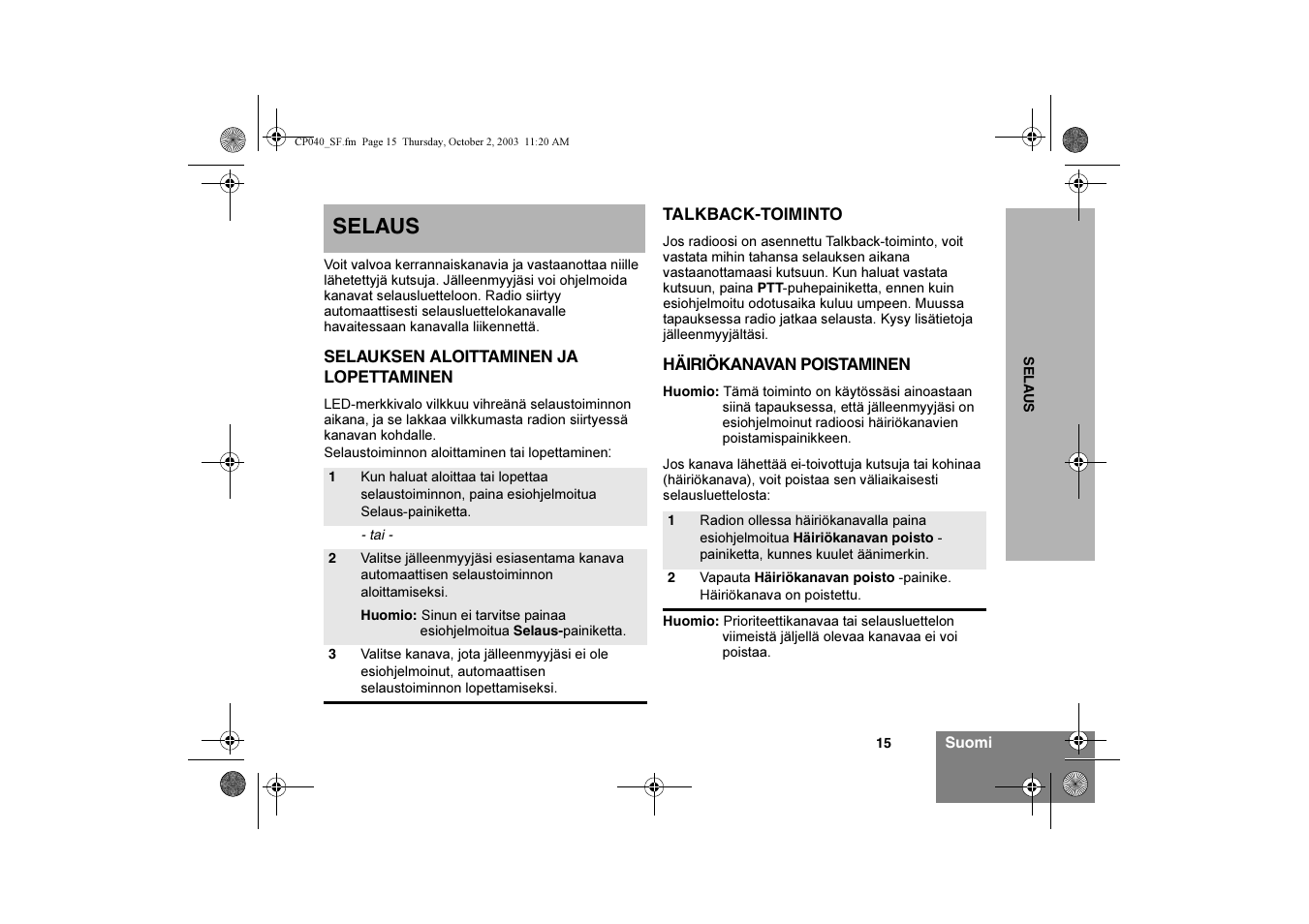Selaus | Motorola CP040 User Manual | Page 161 / 292