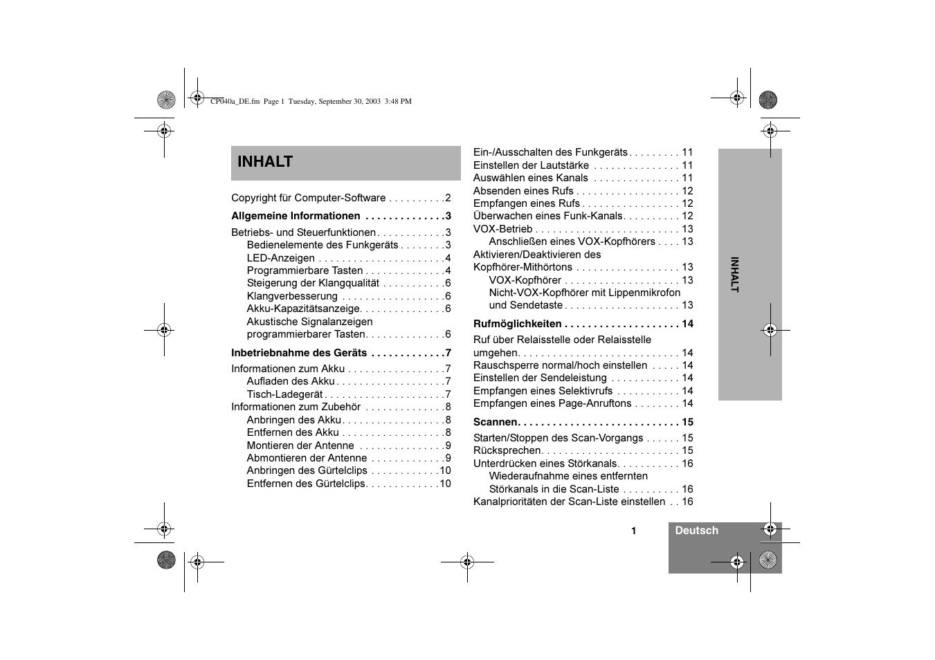 Inhalt | Motorola CP040 User Manual | Page 19 / 292