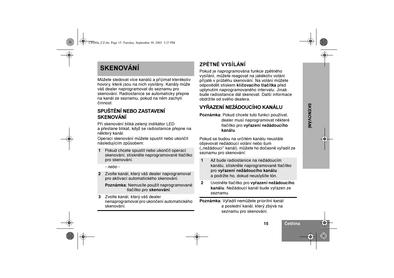 Skenování | Motorola CP040 User Manual | Page 209 / 292