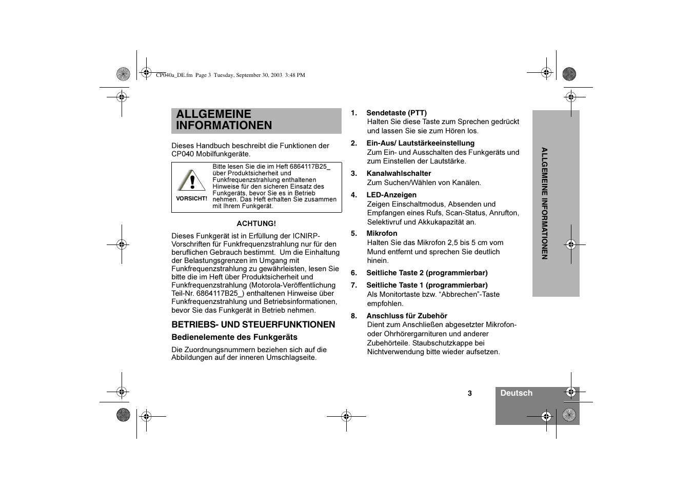 Allgemeine informationen | Motorola CP040 User Manual | Page 21 / 292