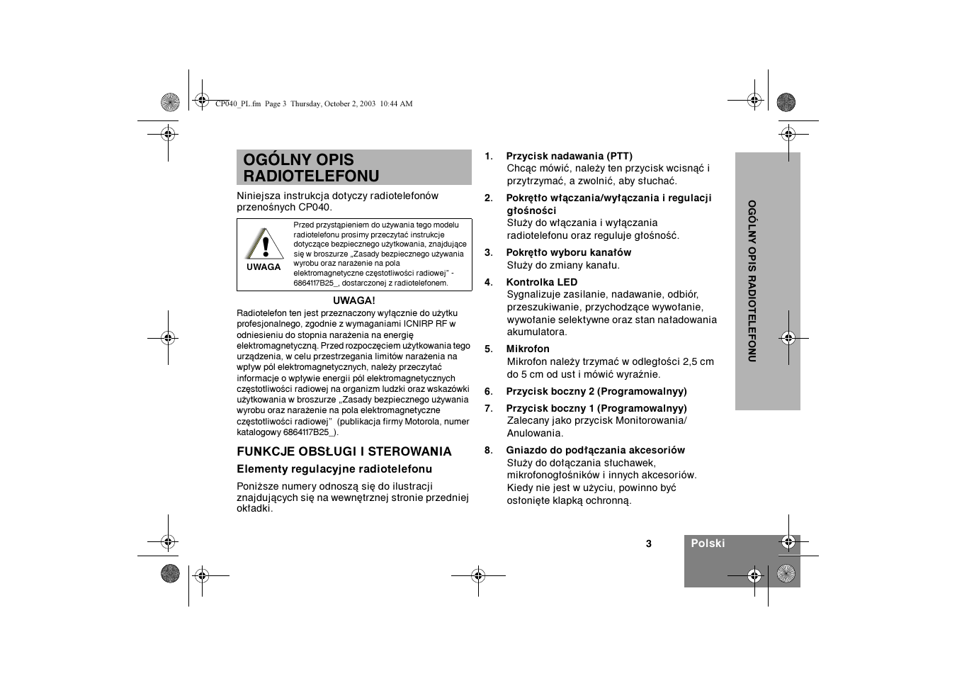 Ogólny opis radiotelefonu | Motorola CP040 User Manual | Page 229 / 292