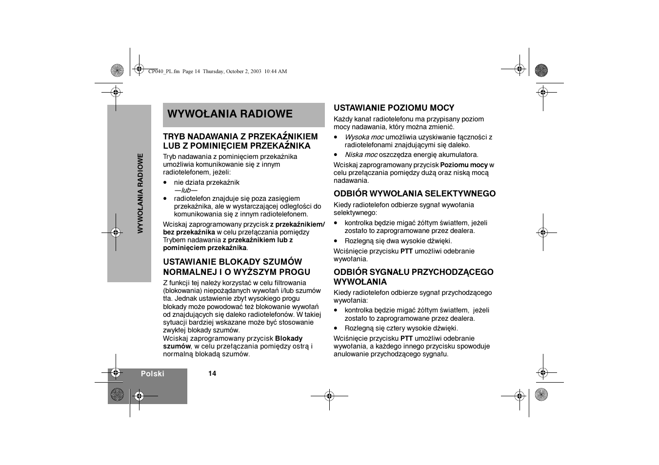 Wywo£ania radiowe | Motorola CP040 User Manual | Page 240 / 292