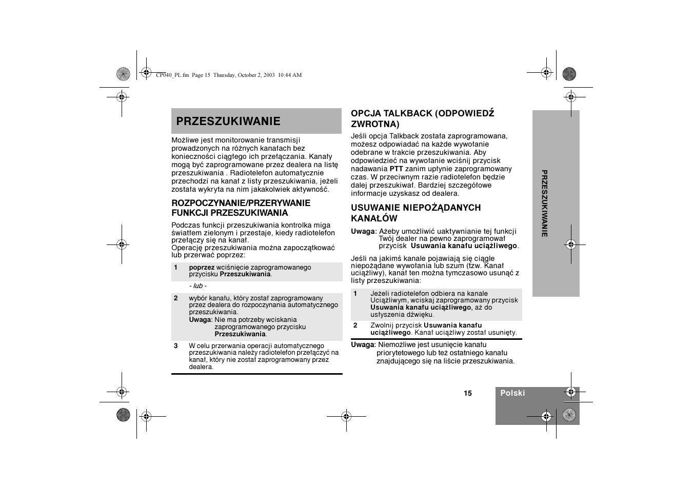 Przeszukiwanie | Motorola CP040 User Manual | Page 241 / 292