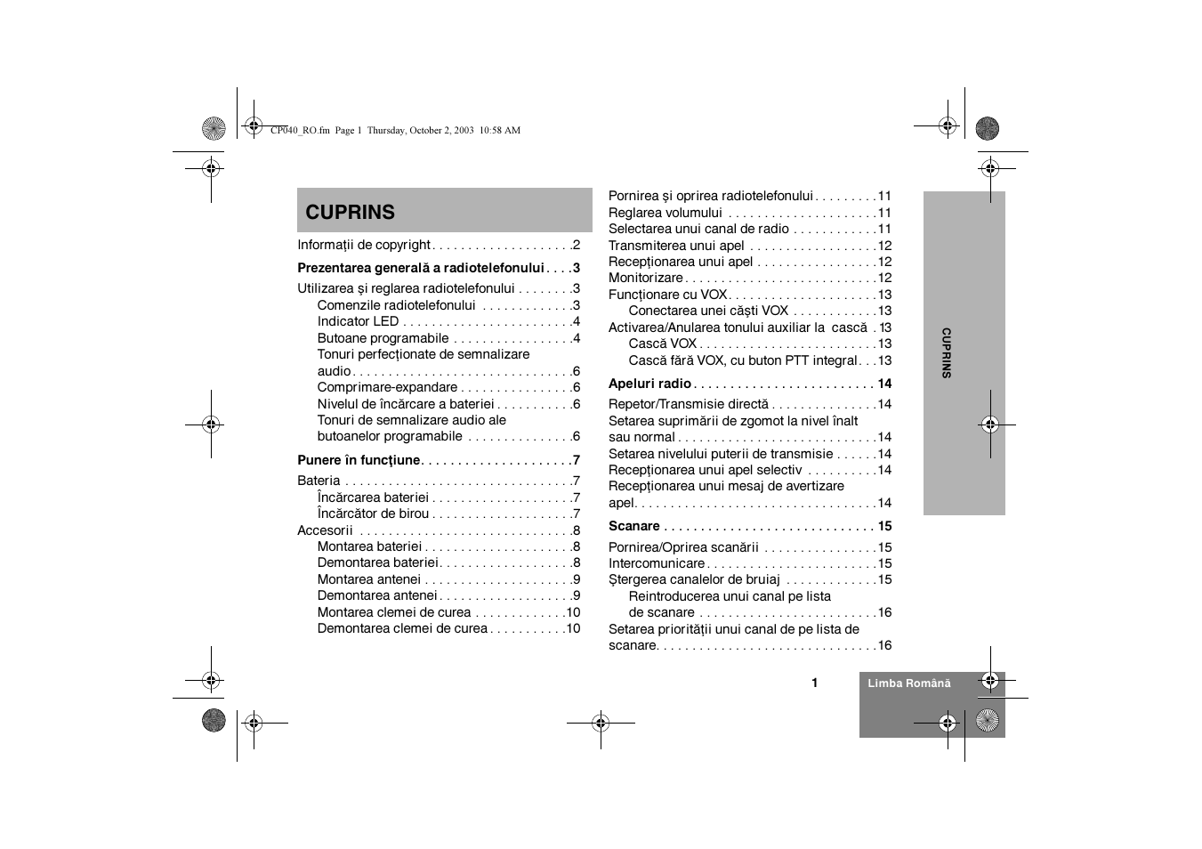 Cuprins | Motorola CP040 User Manual | Page 243 / 292