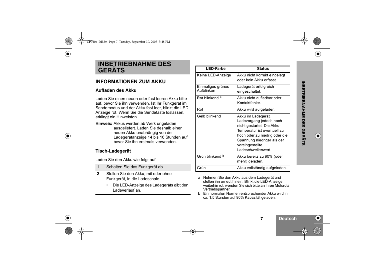 Inbetriebnahme des geräts | Motorola CP040 User Manual | Page 25 / 292