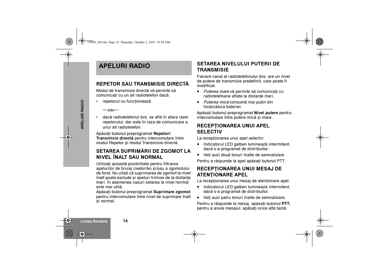 Apeluri radio | Motorola CP040 User Manual | Page 256 / 292