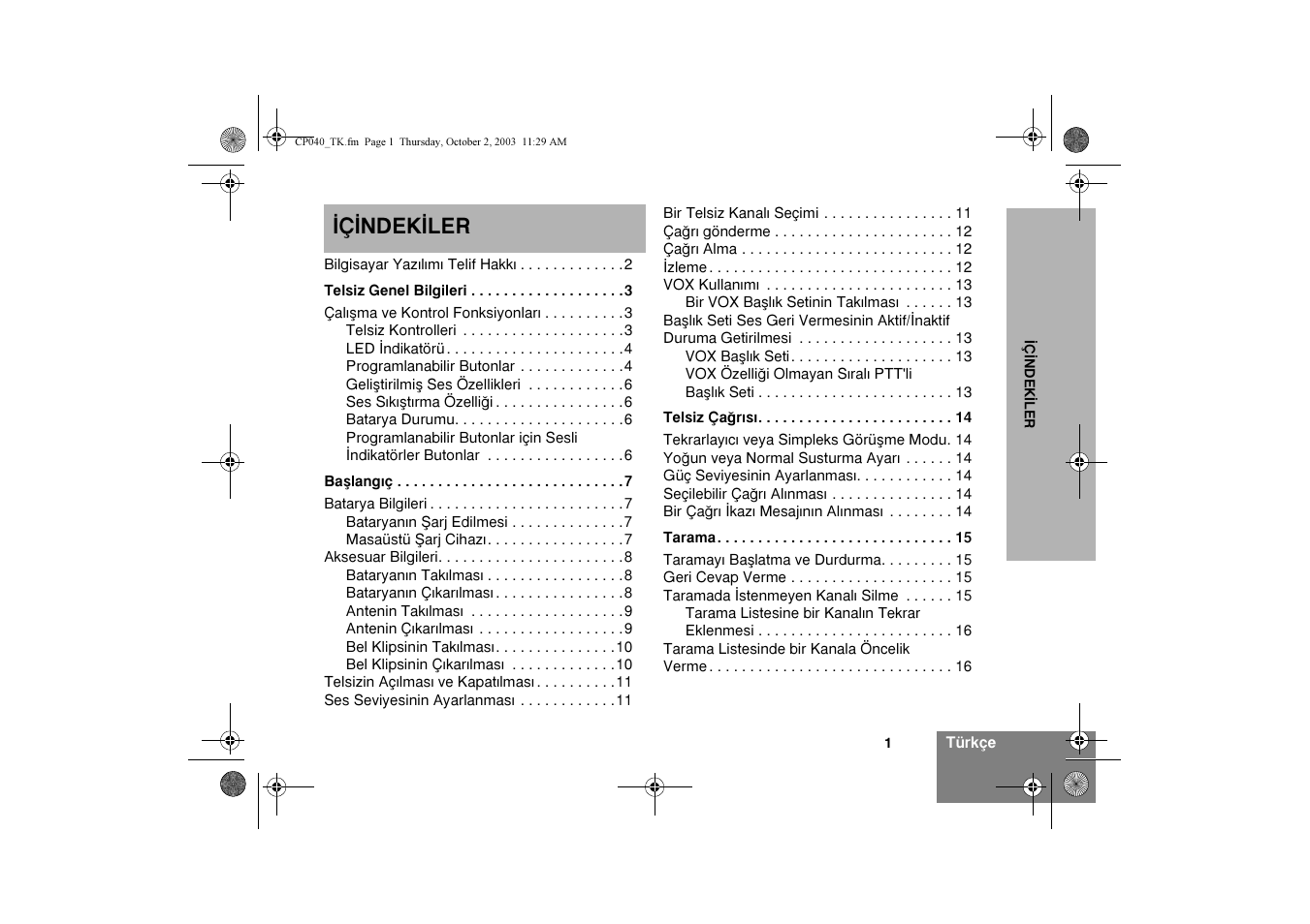 Ýçýndekýler | Motorola CP040 User Manual | Page 259 / 292