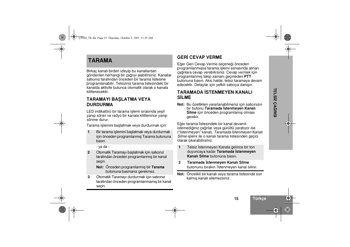 Tarama | Motorola CP040 User Manual | Page 273 / 292