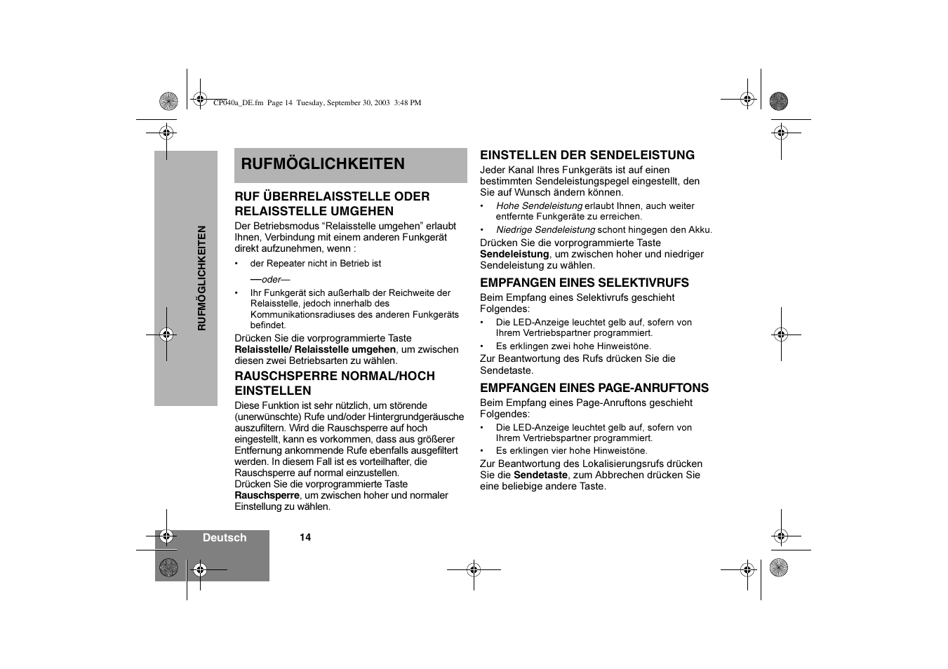 Rufmöglichkeiten | Motorola CP040 User Manual | Page 32 / 292