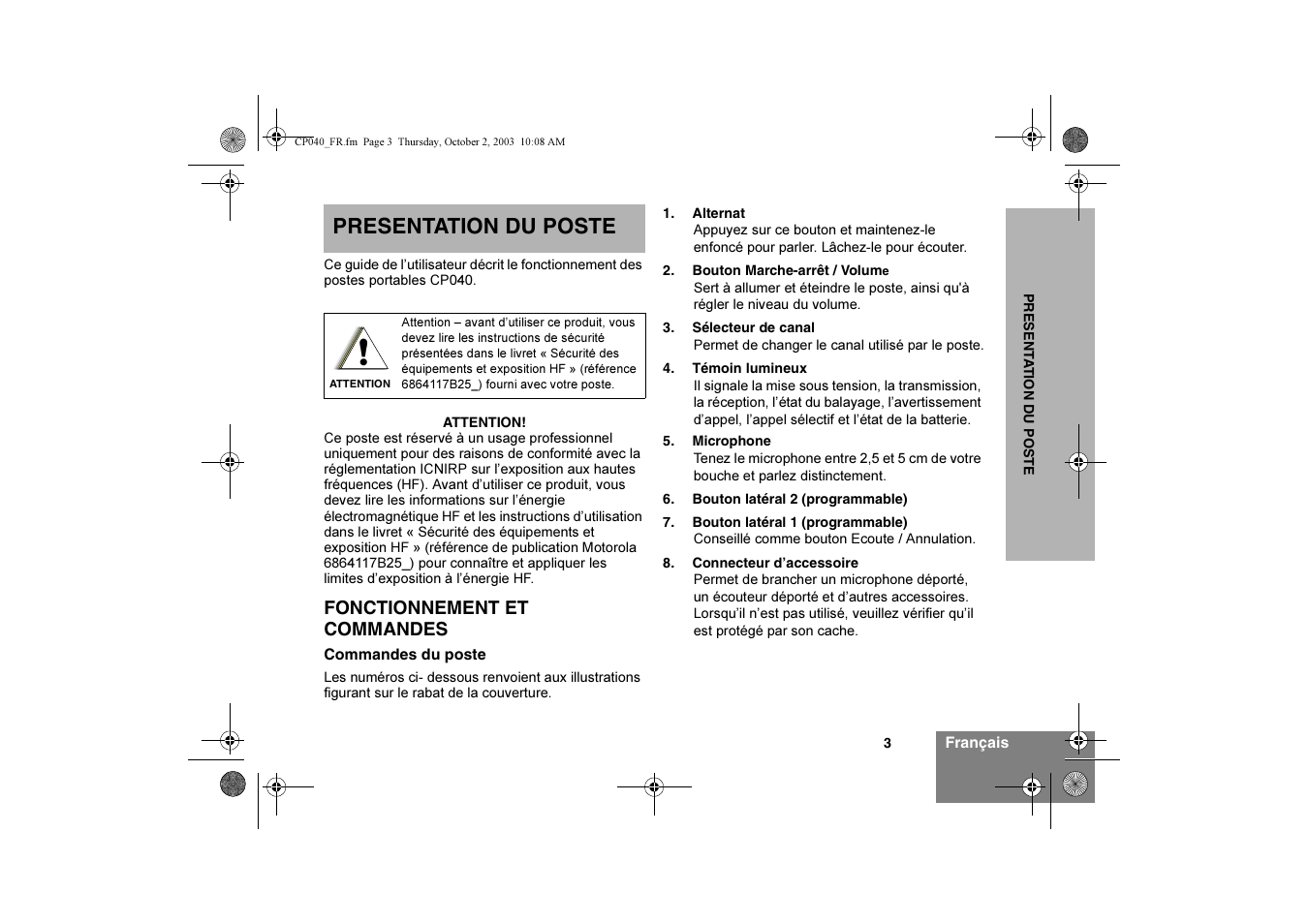 Presentation du poste | Motorola CP040 User Manual | Page 37 / 292