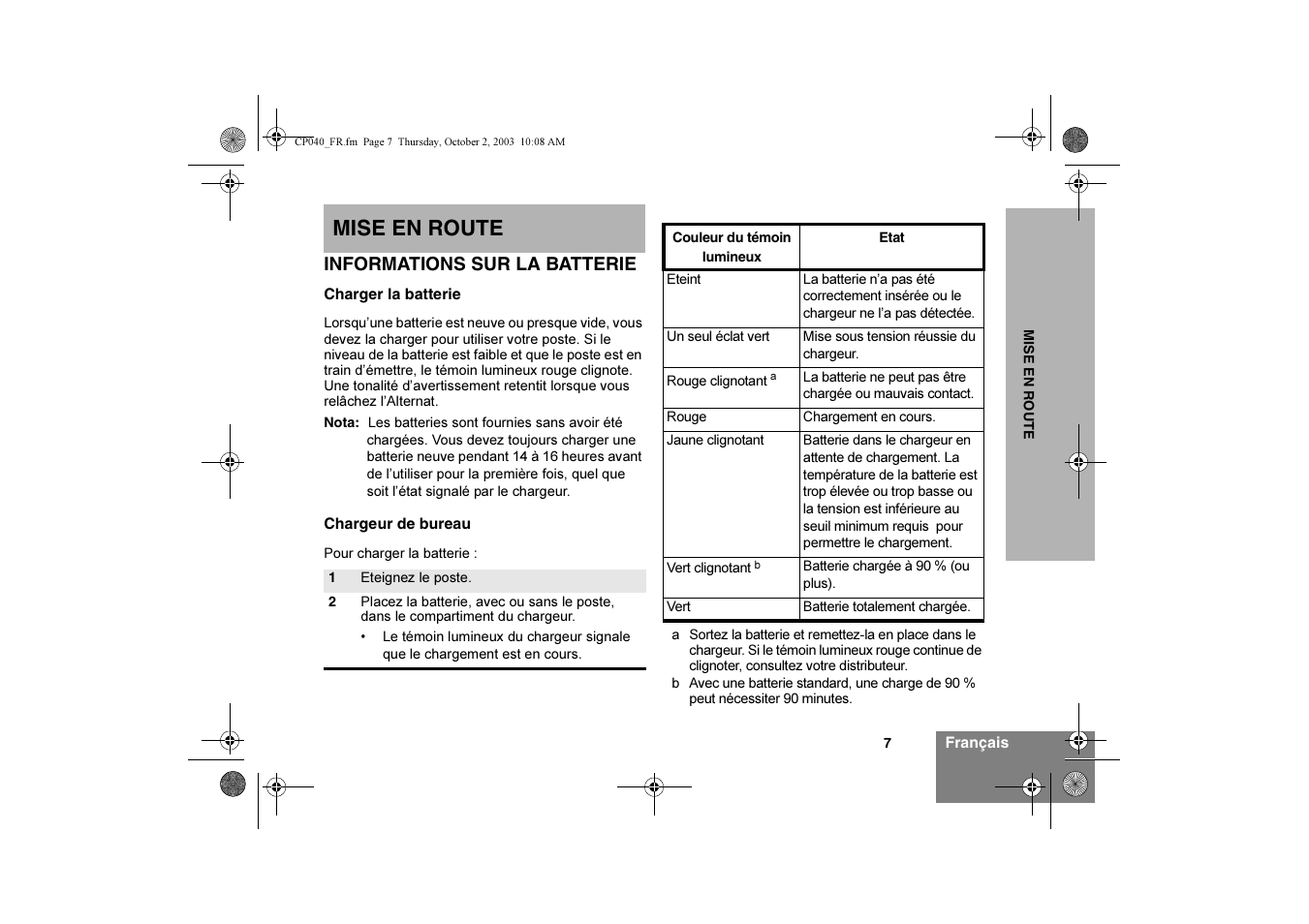 Mise en route | Motorola CP040 User Manual | Page 41 / 292