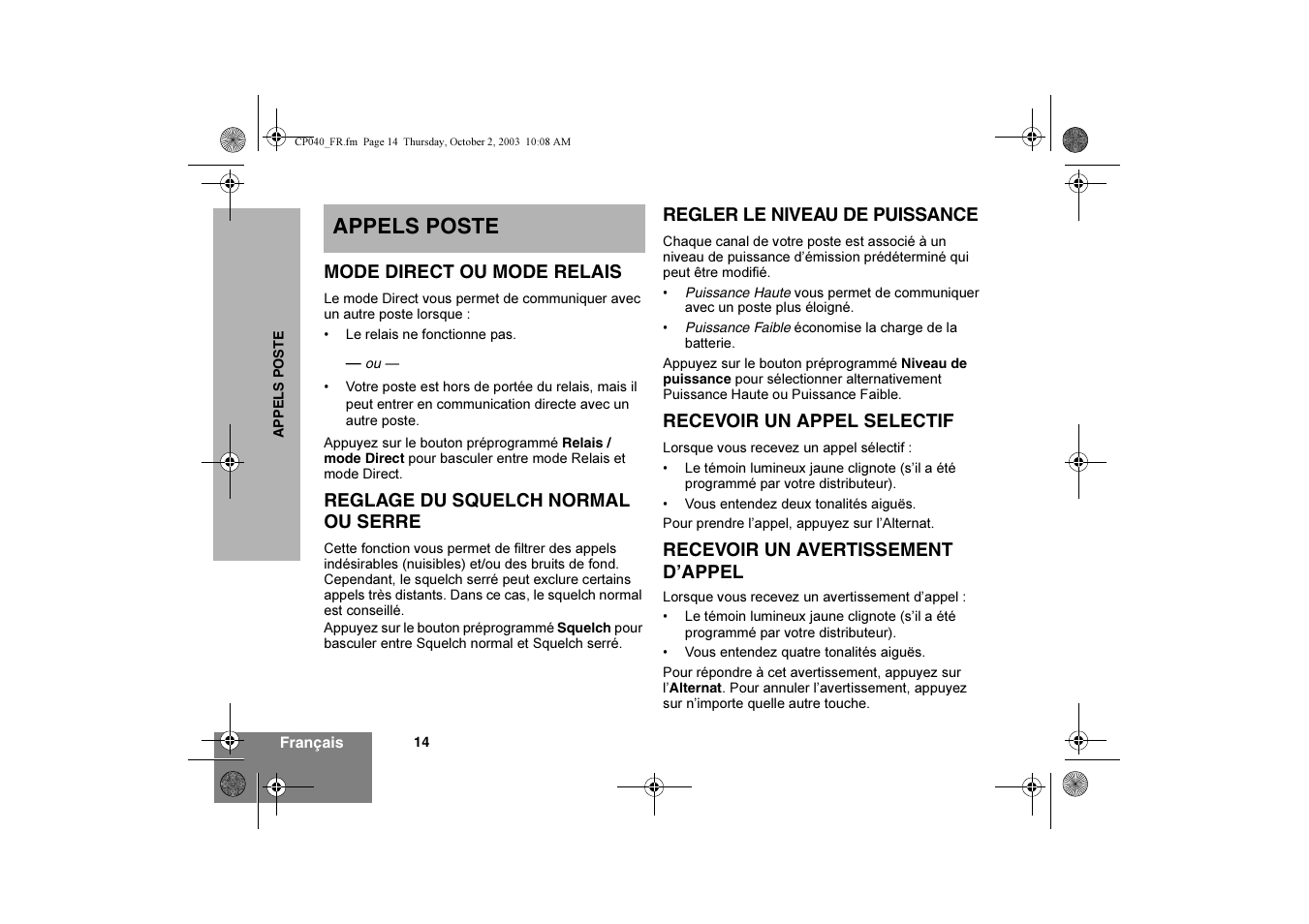 Appels poste | Motorola CP040 User Manual | Page 48 / 292