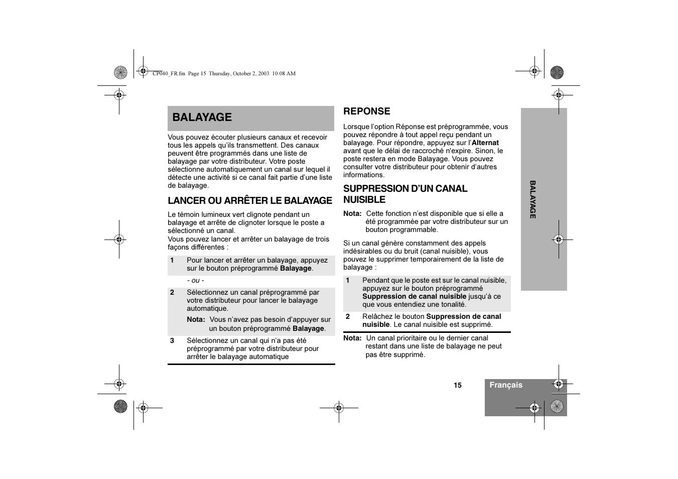 Balayage | Motorola CP040 User Manual | Page 49 / 292