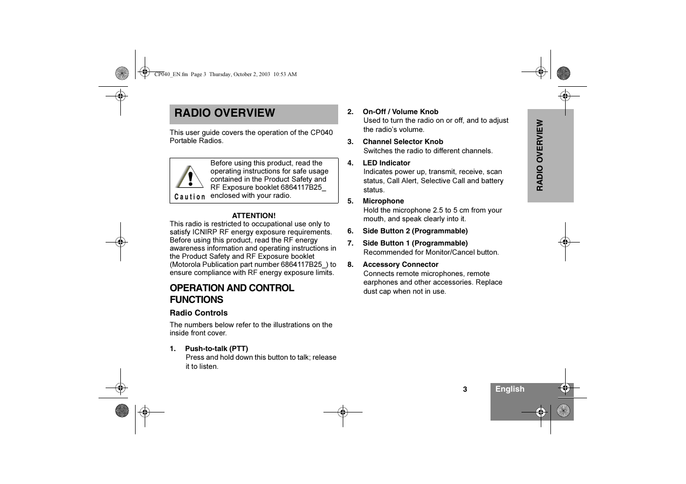 Radio overview | Motorola CP040 User Manual | Page 5 / 292