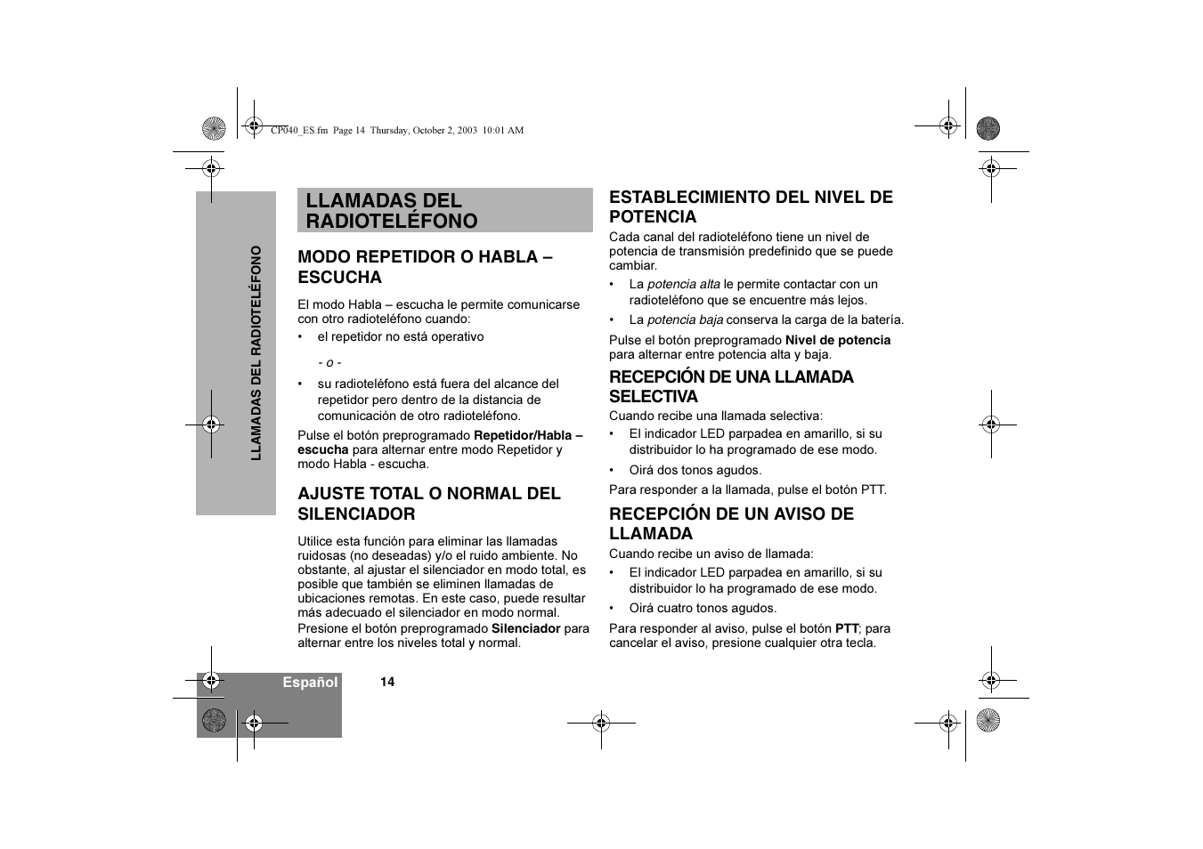 Llamadas del radioteléfono | Motorola CP040 User Manual | Page 64 / 292