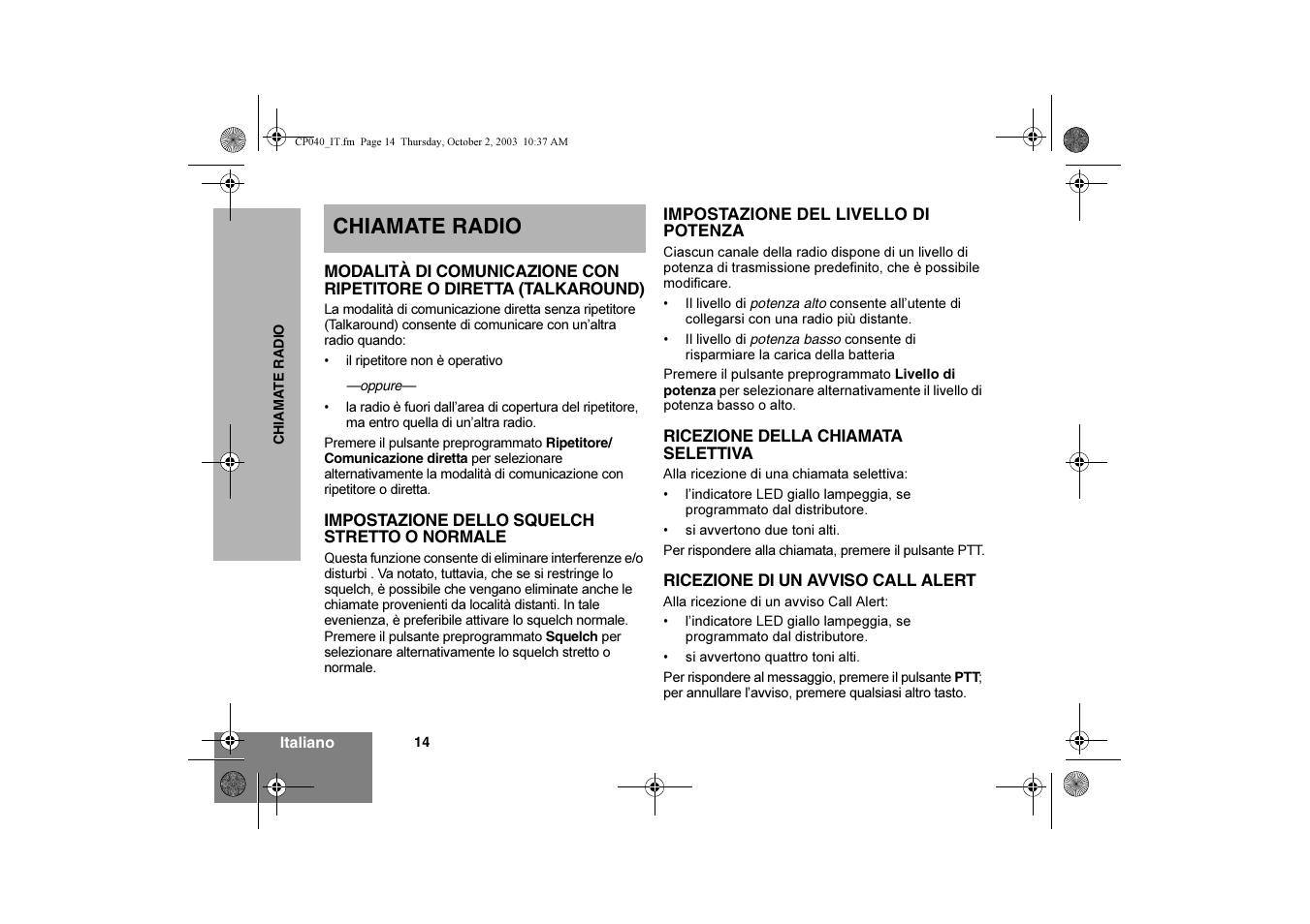 Chiamate radio | Motorola CP040 User Manual | Page 80 / 292