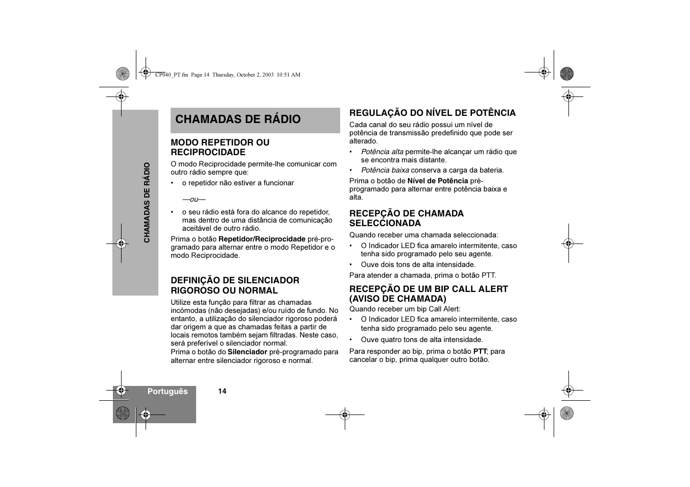 Chamadas de rádio | Motorola CP040 User Manual | Page 96 / 292
