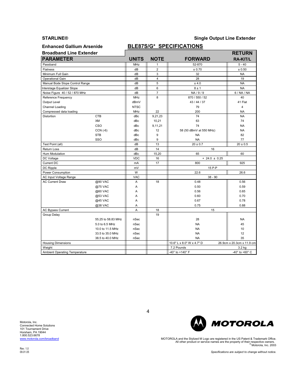 Ble87s/g* specifications, Starline® enhanced gallium arsenide, Broadband line extender | Single output line extender, Ra-kit/l | Motorola BLE87 User Manual | Page 4 / 9