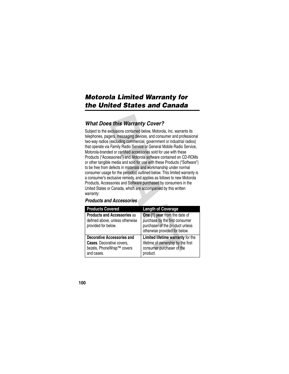 Warranty, Dra f t | Motorola V600 GSM R3.6 User Manual | Page 101 / 121