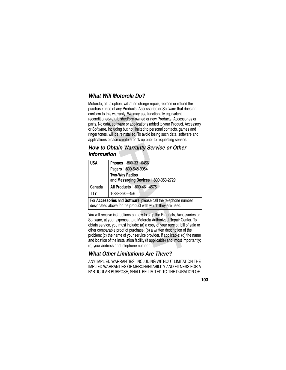 Dra f t | Motorola V600 GSM R3.6 User Manual | Page 104 / 121
