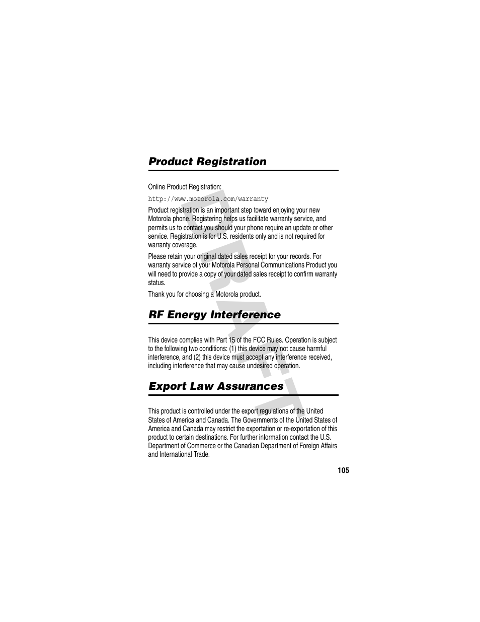 Product registration, Rf energy interference, Export law assurances | Dra f t | Motorola V600 GSM R3.6 User Manual | Page 106 / 121