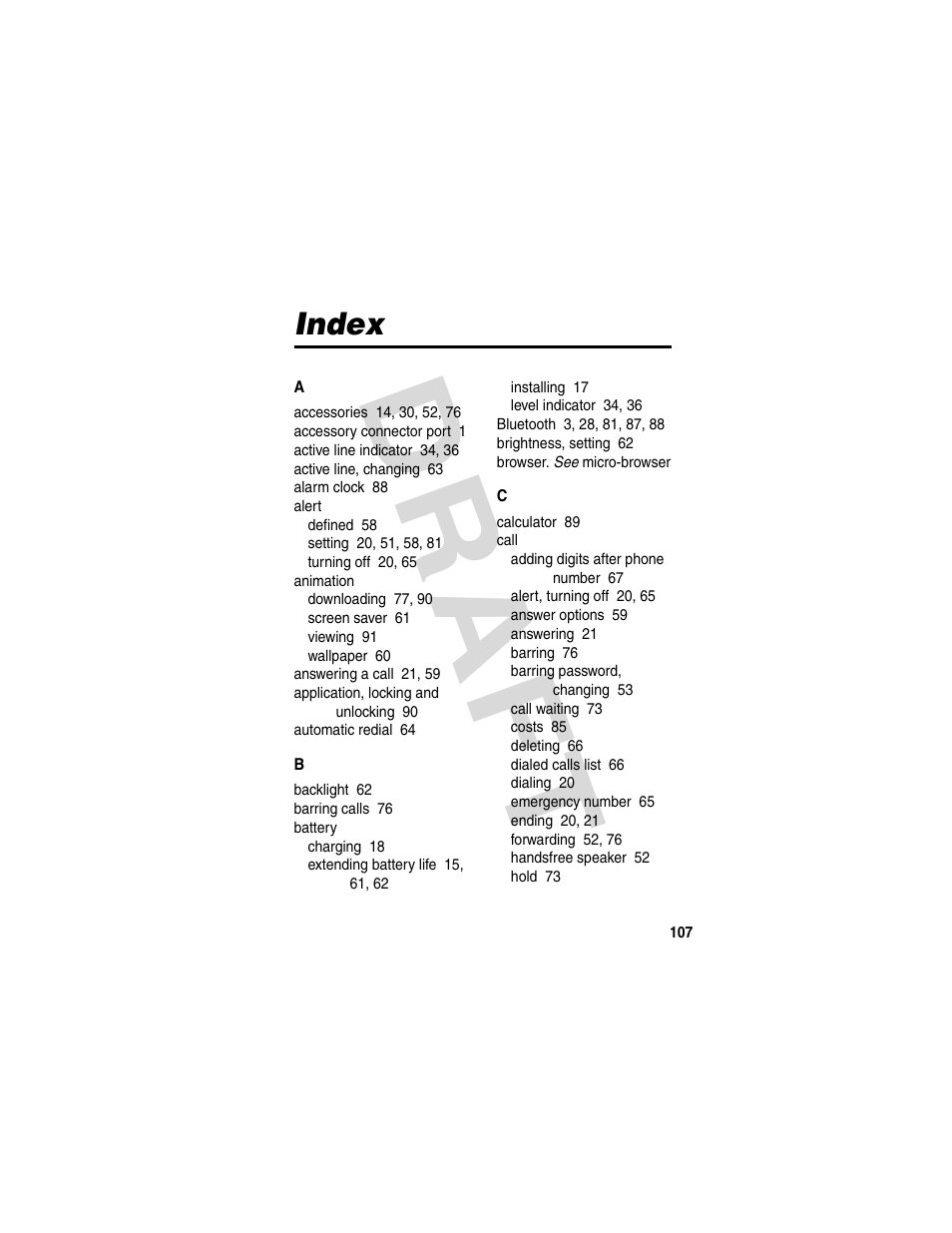 Index, Dra f t | Motorola V600 GSM R3.6 User Manual | Page 108 / 121
