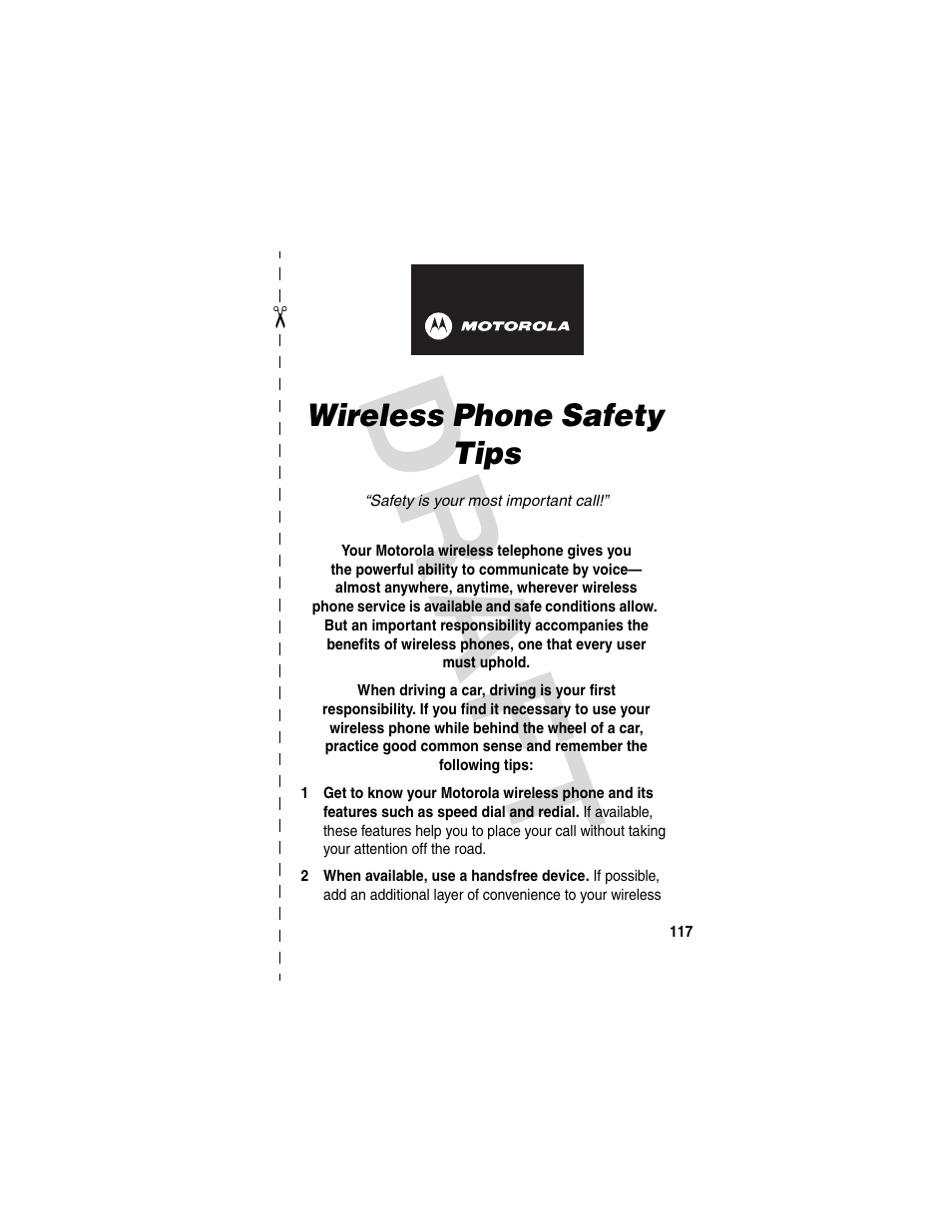 Wireless phone safety tips, Dra f t | Motorola V600 GSM R3.6 User Manual | Page 118 / 121