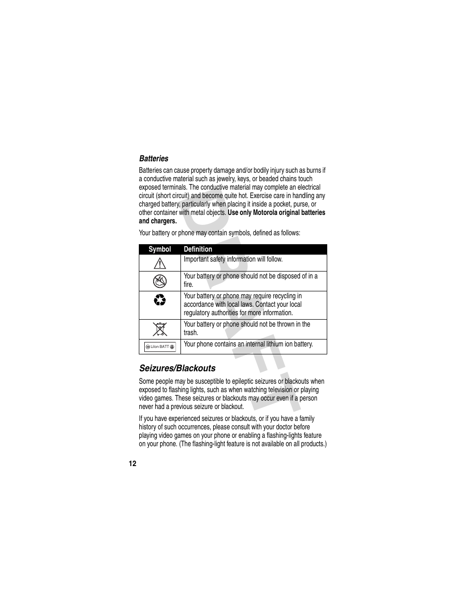 Dra f t | Motorola V600 GSM R3.6 User Manual | Page 13 / 121