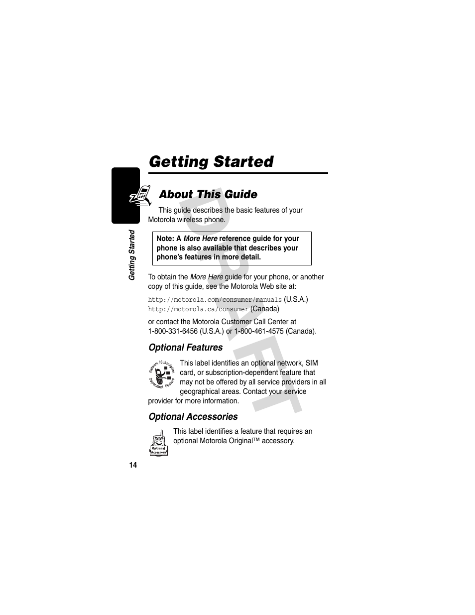 Getting started, About this guide, Dra f t | Motorola V600 GSM R3.6 User Manual | Page 15 / 121