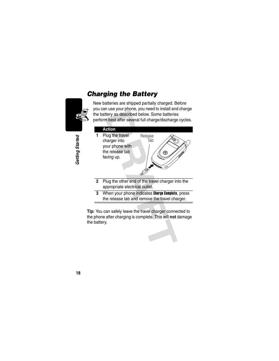 Charging the battery, Dra f t | Motorola V600 GSM R3.6 User Manual | Page 19 / 121