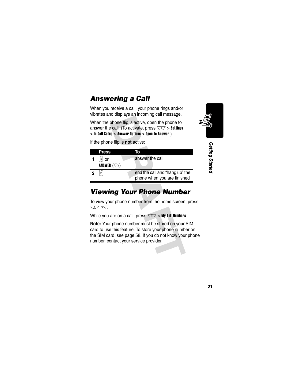 Answering a call, Viewing your phone number, Answering a call viewing your phone number | Dra f t | Motorola V600 GSM R3.6 User Manual | Page 22 / 121