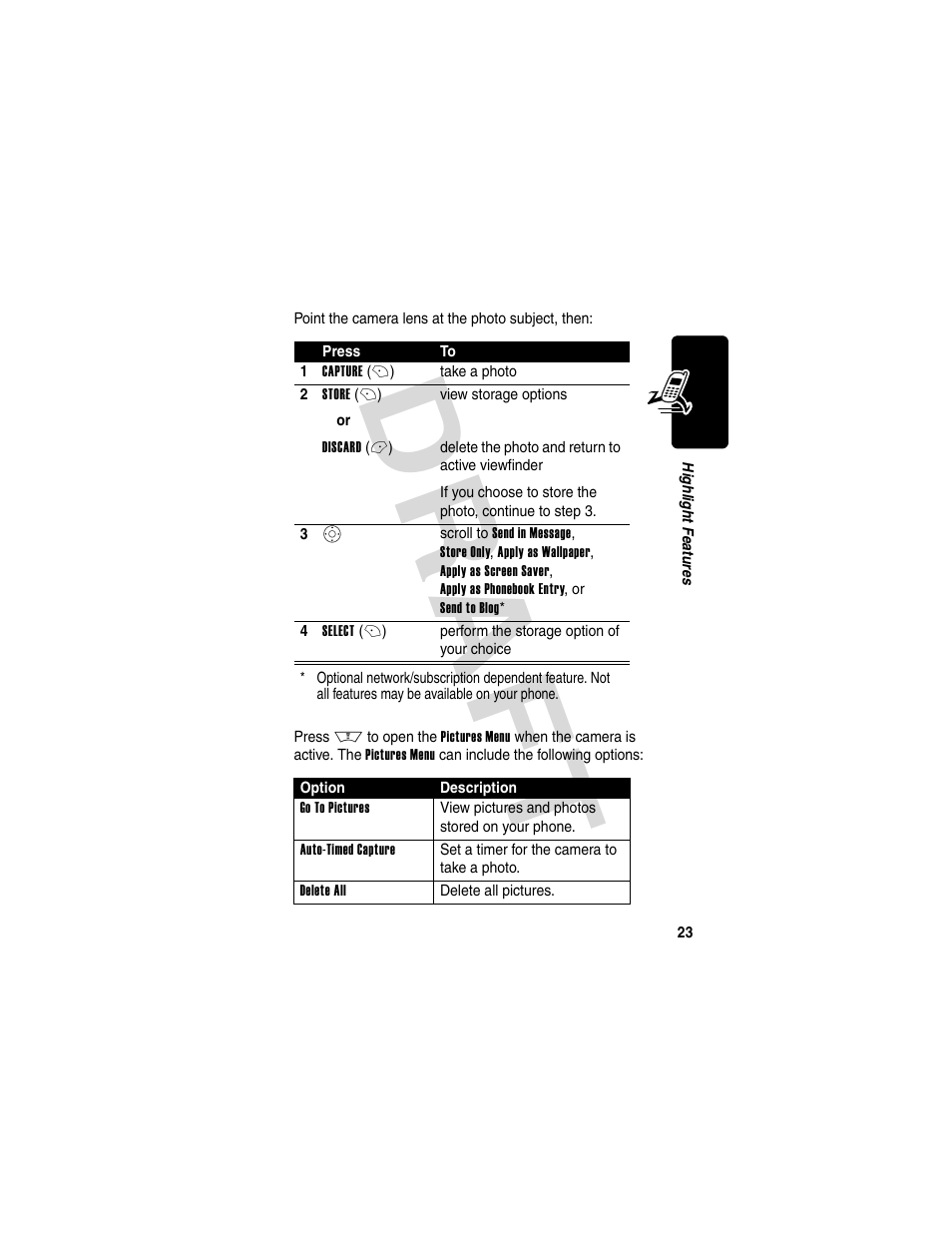 Dra f t | Motorola V600 GSM R3.6 User Manual | Page 24 / 121