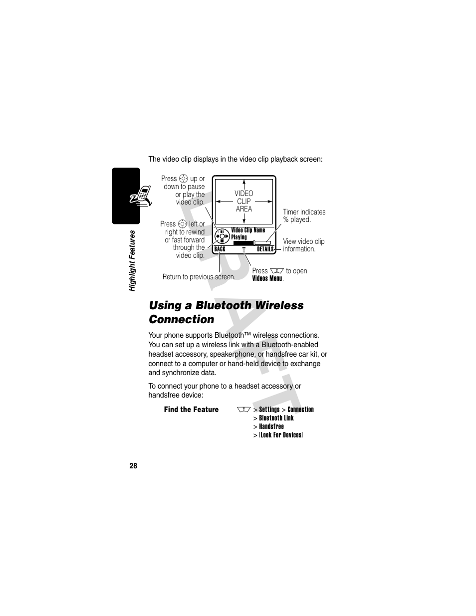 Using a bluetooth wireless connection, Dra f t | Motorola V600 GSM R3.6 User Manual | Page 29 / 121