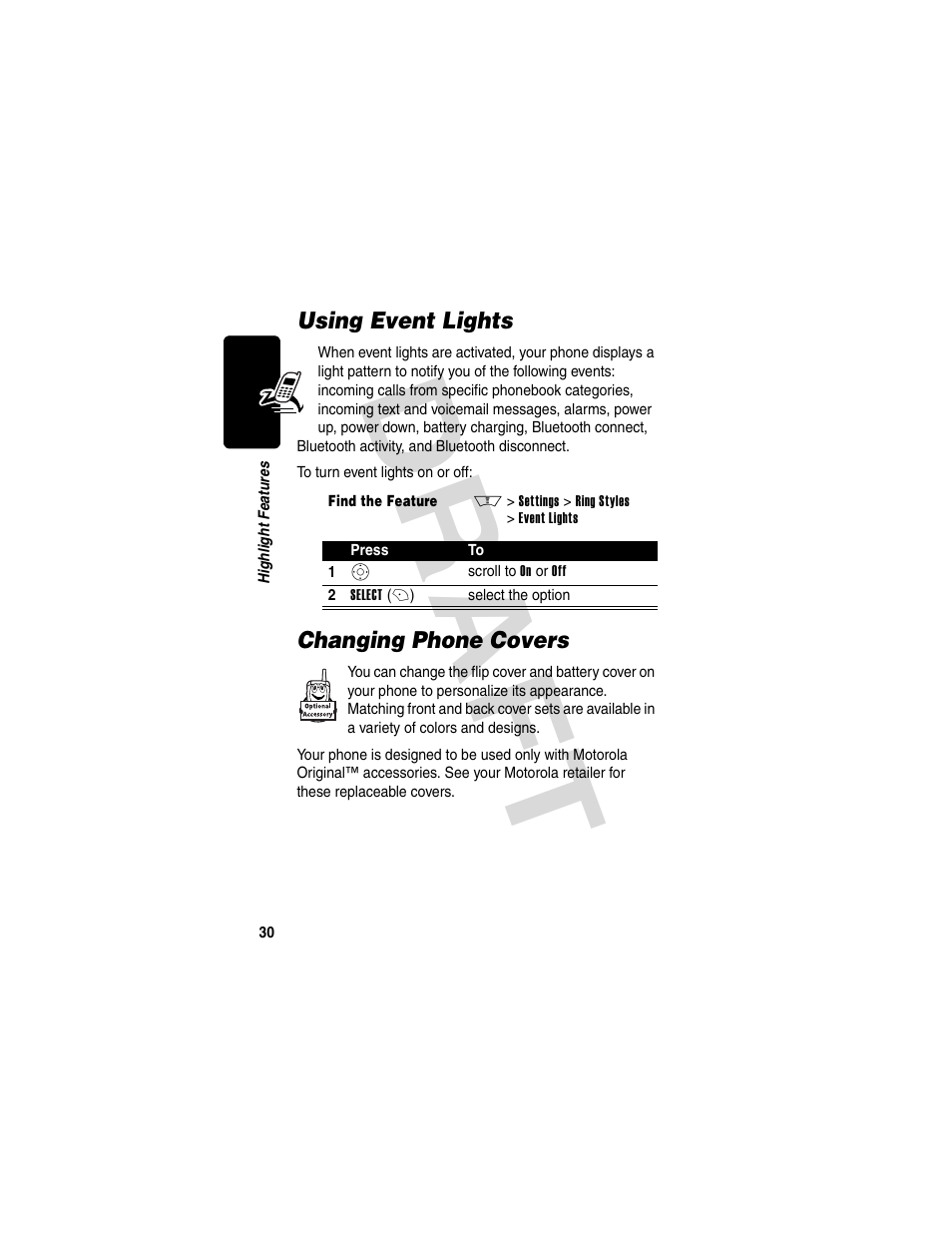 Using event lights, Changing phone covers, Using event lights changing phone covers | Dra f t | Motorola V600 GSM R3.6 User Manual | Page 31 / 121