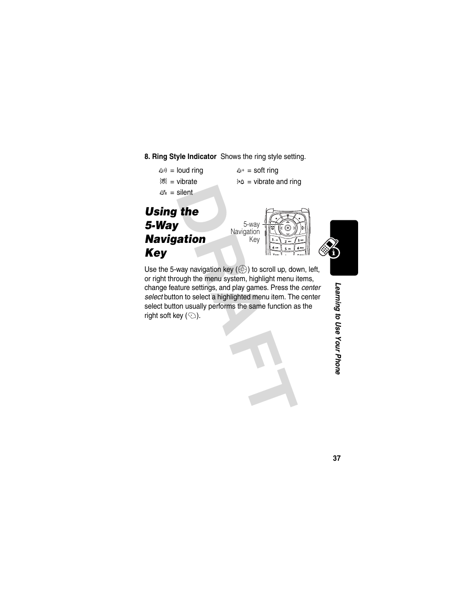 Using the 5way navigation key, Using the 5-way navigation key, Dra f t | Motorola V600 GSM R3.6 User Manual | Page 38 / 121