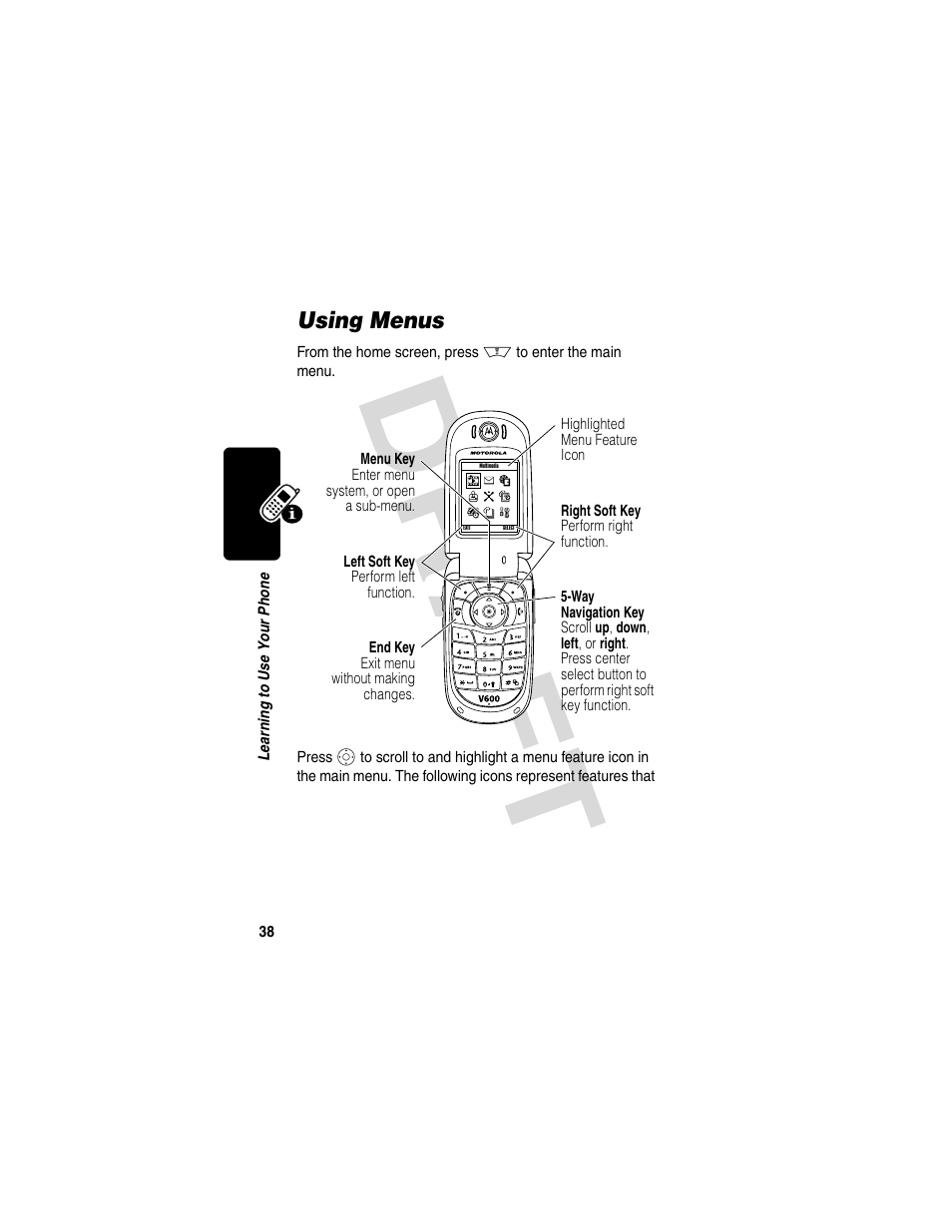 Using menus, Dra f t | Motorola V600 GSM R3.6 User Manual | Page 39 / 121