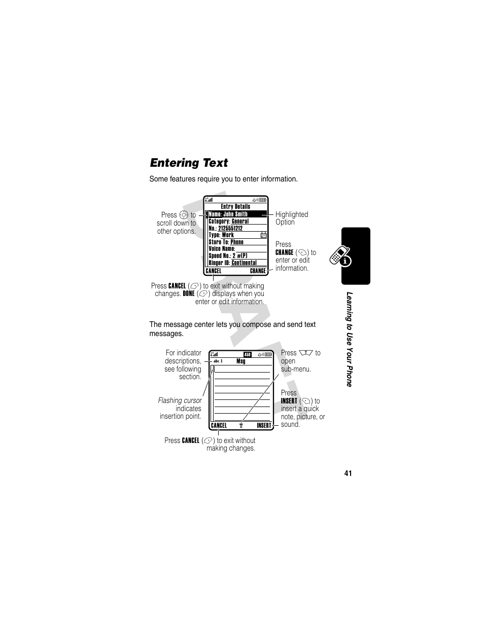 Entering text, Dra f t | Motorola V600 GSM R3.6 User Manual | Page 42 / 121