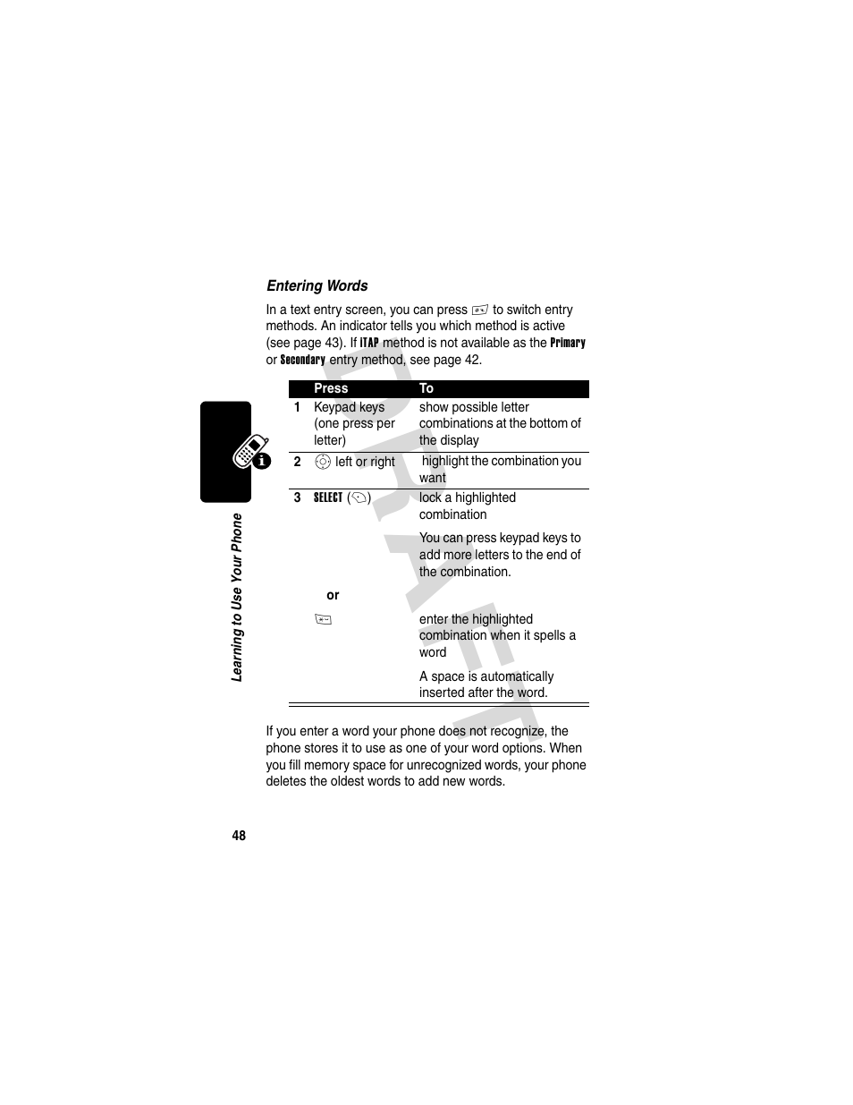 Dra f t | Motorola V600 GSM R3.6 User Manual | Page 49 / 121