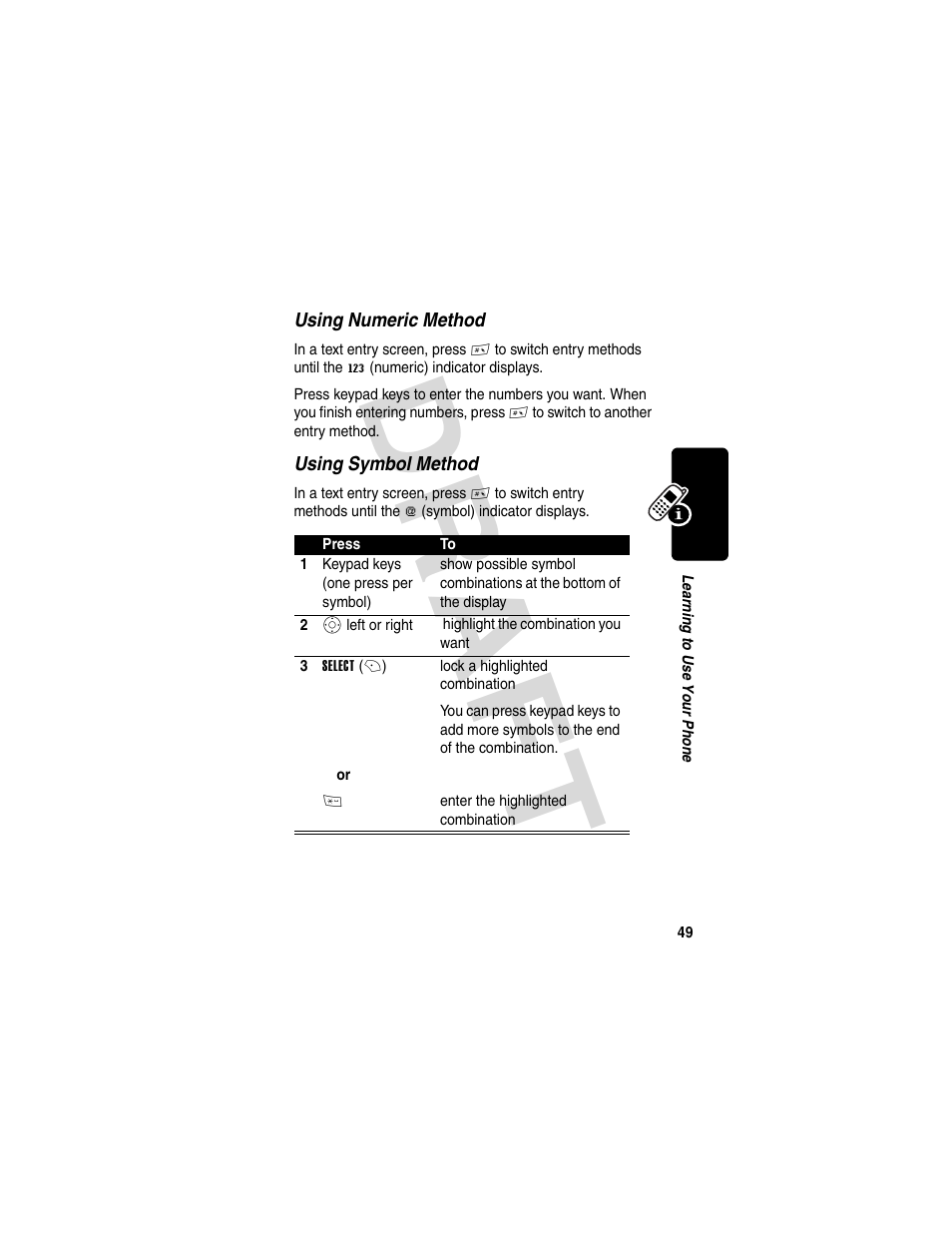 Dra f t | Motorola V600 GSM R3.6 User Manual | Page 50 / 121