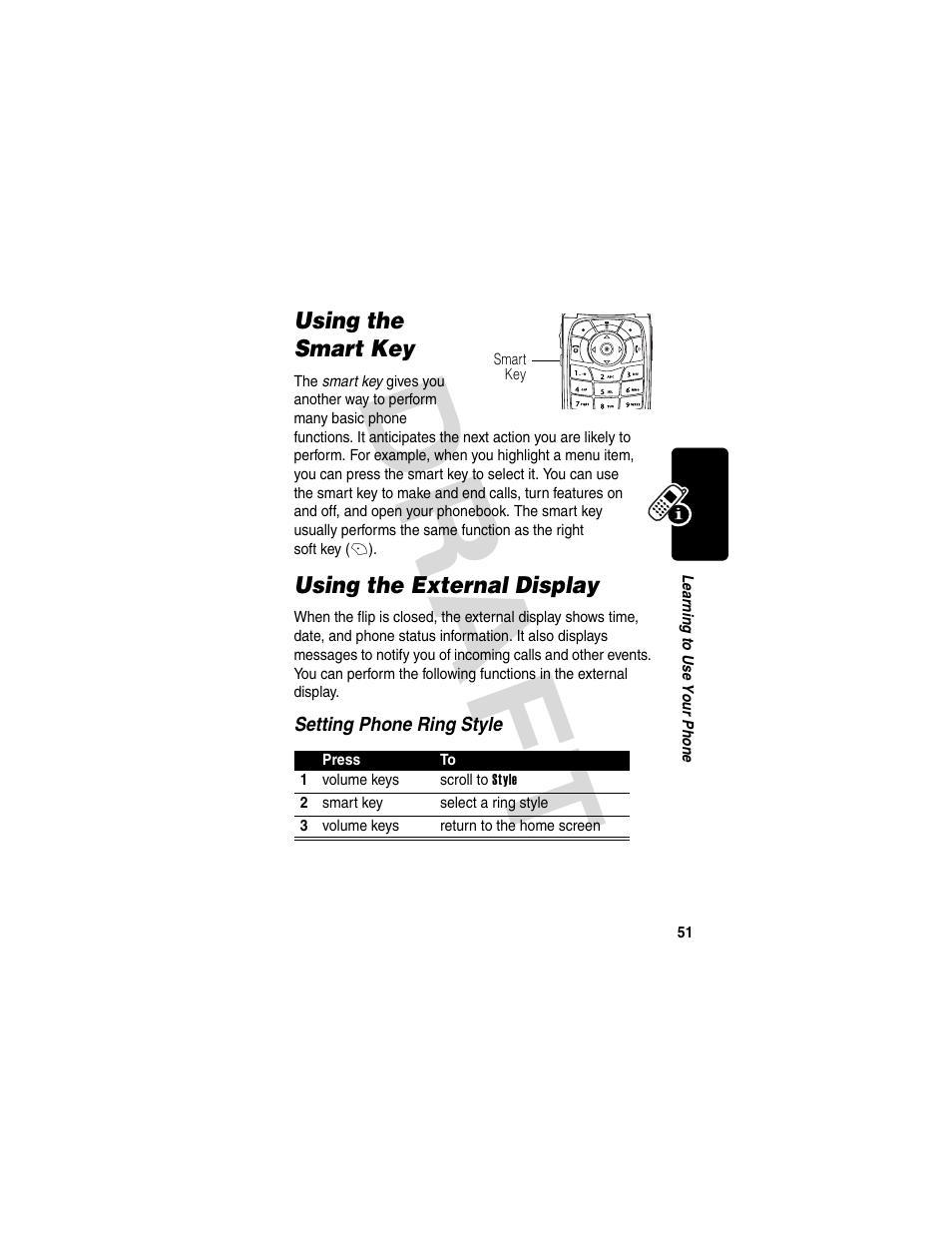 Using the smart key, Using the external display, Using the smart key using the external display | Using call waiting, Dra f t | Motorola V600 GSM R3.6 User Manual | Page 52 / 121