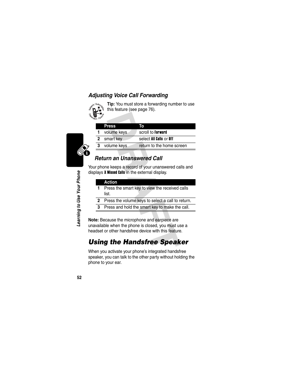 Using the handsfree speaker, Dra f t | Motorola V600 GSM R3.6 User Manual | Page 53 / 121