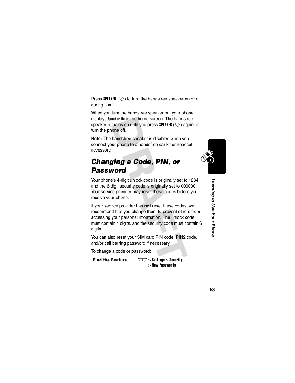 Changing a code, pin, or password, Dra f t | Motorola V600 GSM R3.6 User Manual | Page 54 / 121