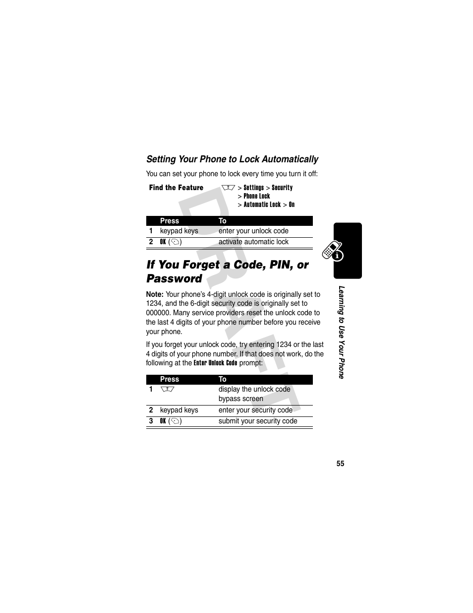 If you forget a code, pin, or password, Dra f t | Motorola V600 GSM R3.6 User Manual | Page 56 / 121